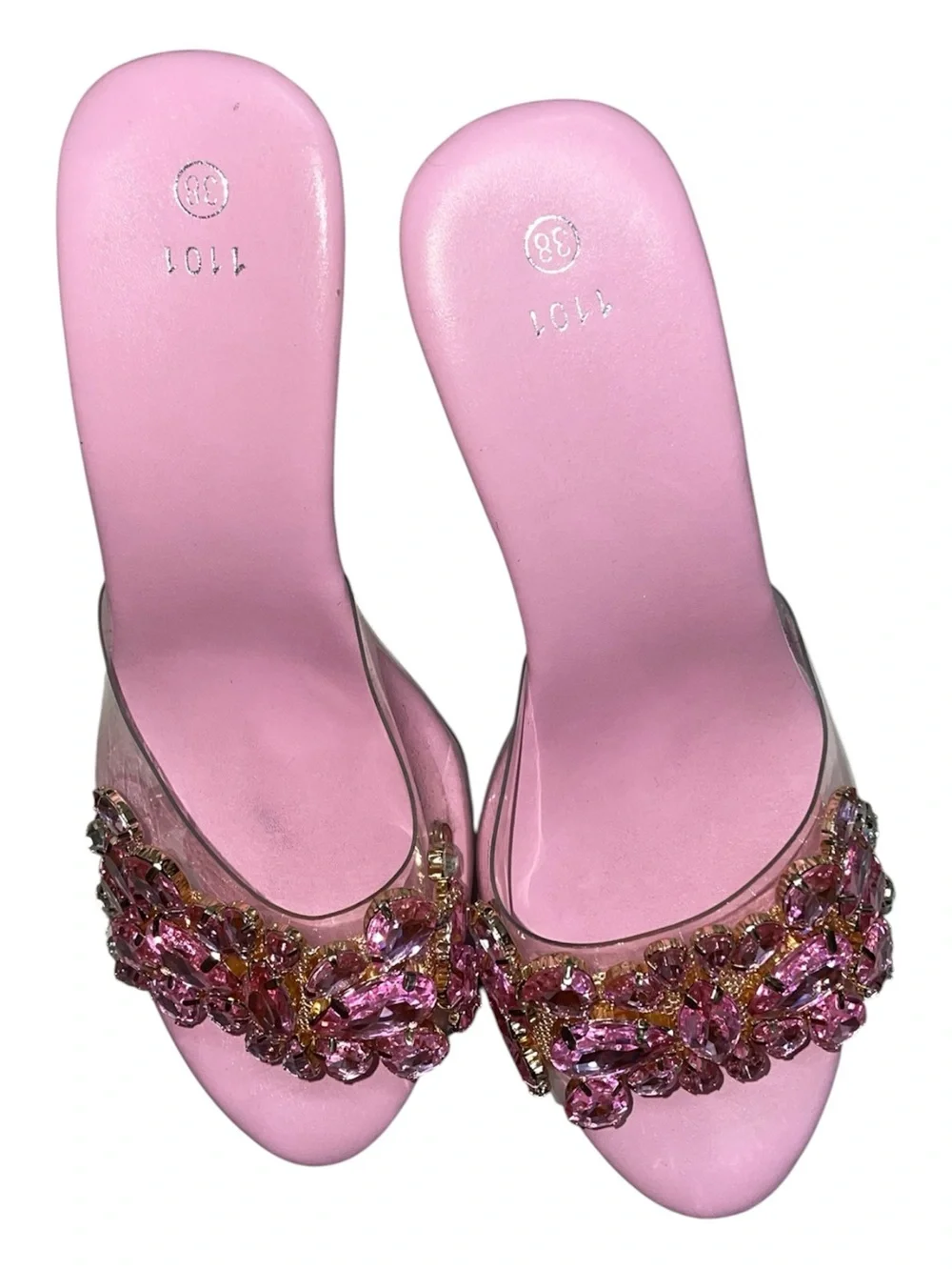 Y2K Style Pink Rhinestone Floral Clear Lucite Platform Wedges